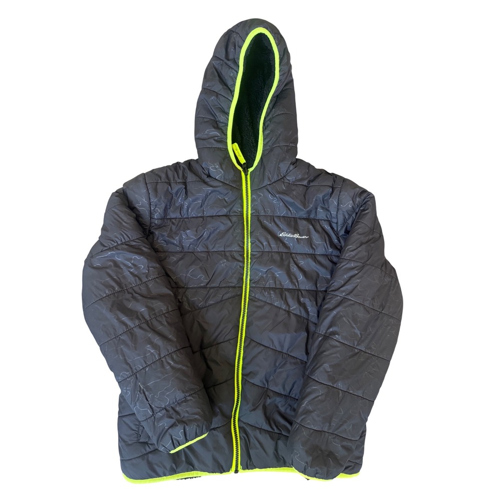 Eddie Bauer Boys Hooded Nylon Puffer Jacket Size 14-16 Waterproof Reversible